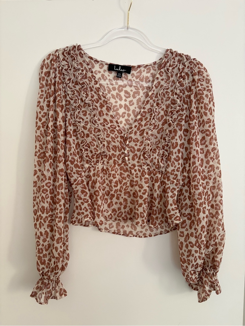Lulu's Leopard Print Ruffle V-Neck Blouse